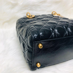 Lady Dior Bag Cannage Lambskin Leather Medium Black with Embellished Strap