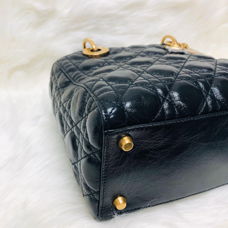 Lady Dior Bag Cannage Lambskin Leather Medium Black with Embellished Strap