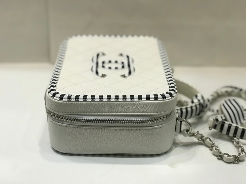 Black and White Striped CC Filigree Medium Caviar Quilted Vanity Case