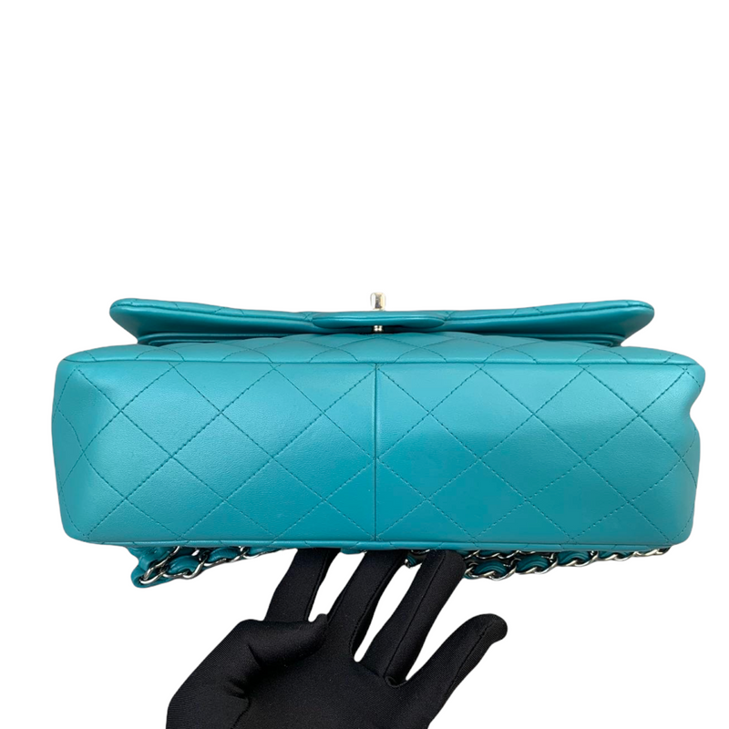 Double Flap Lambskin Jumbo Turquoise Blue SHW