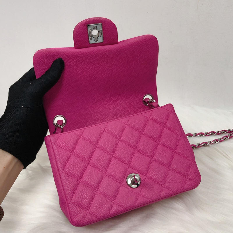 Square Mini Flap Bag Quilted Caviar Leather with SHW Hot Pink