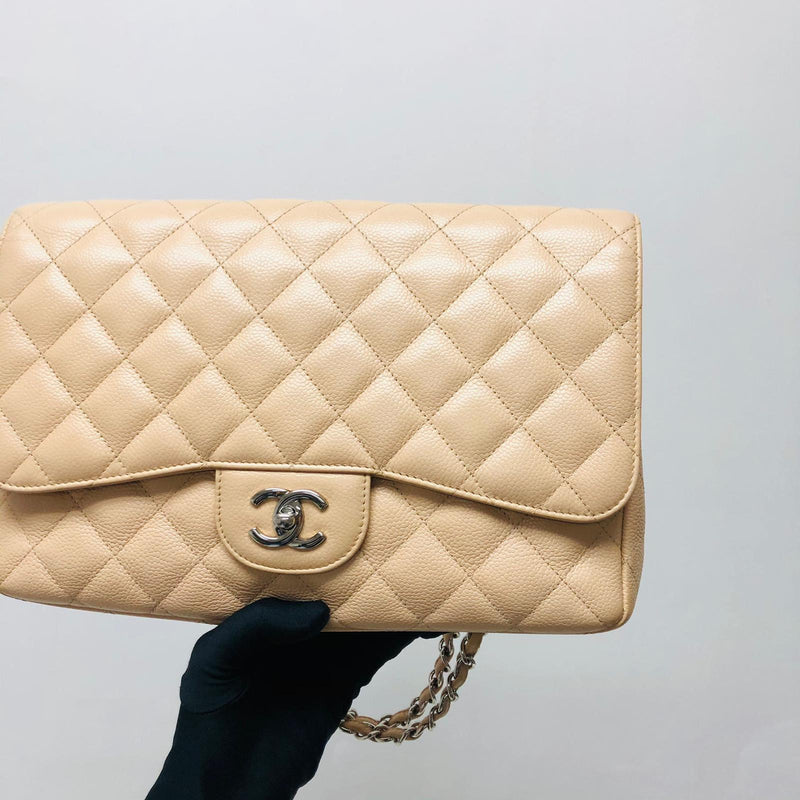 Single Flap Jumbo in Beige Caviar Leather with SHW