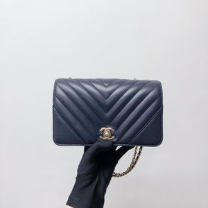 Calfskin Chevron Quilted Mini Statement Flap Navy Blue