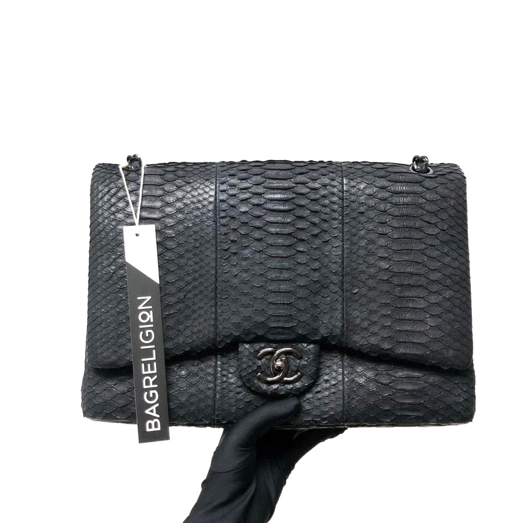 Maxi Double Flap Python Leather in Black RHW