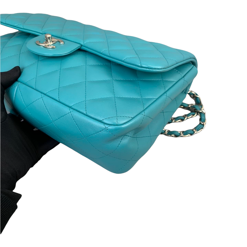 Double Flap Lambskin Jumbo Turquoise Blue SHW