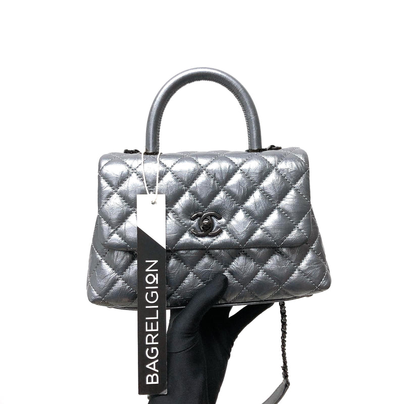 Quilted Mini Coco Handle Flap Silver