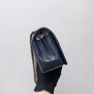Calfskin Chevron Quilted Mini Statement Flap Navy Blue
