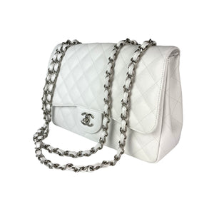 Classic Single Flap Jumbo Bag in White Caviar with SHW