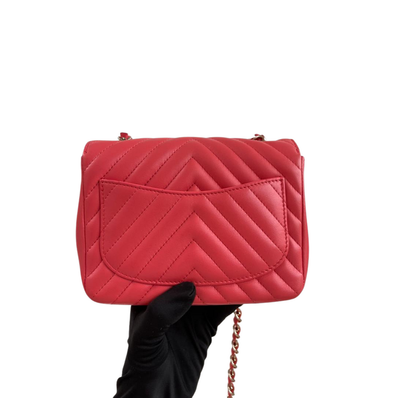 Square Mini Flap Chevron Coral Lambskin Leather Bag LGHW