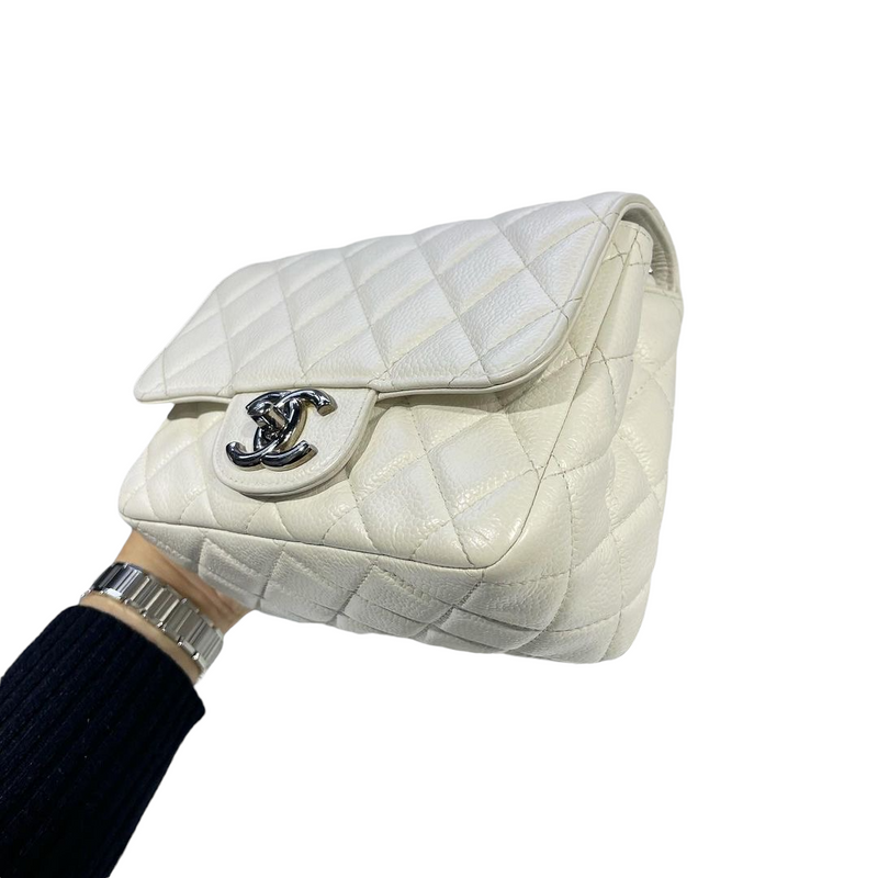 Square Mini Flap Caviar White SHW