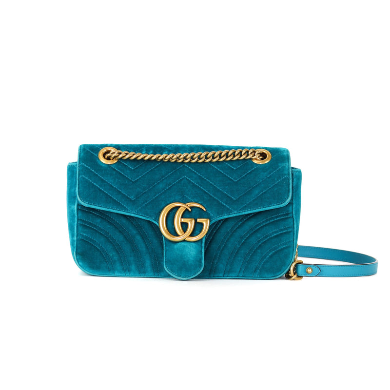 Marmont Matelasse Shoulder Bag Small in Peacock Blue Velvet