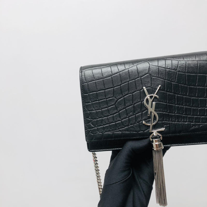 Classic Monogram Kate Tassel WOC in Black Crocodile Embossed Leather