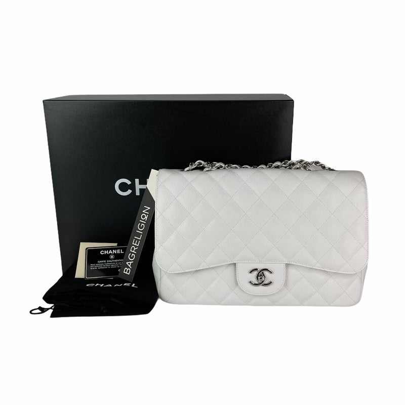 Classic Single Flap Jumbo Bag in White Caviar with SHW