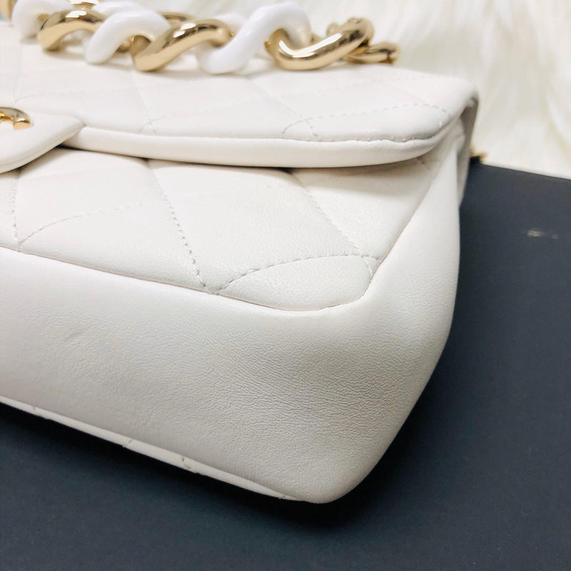 Chanel White Quilted Lambskin Leather Classic Medium Double Flap