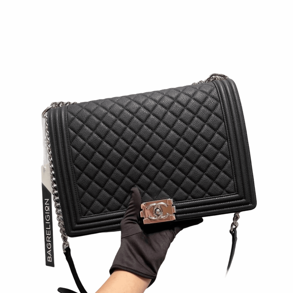 Large Black Le Boy Quilted Caviar Leather