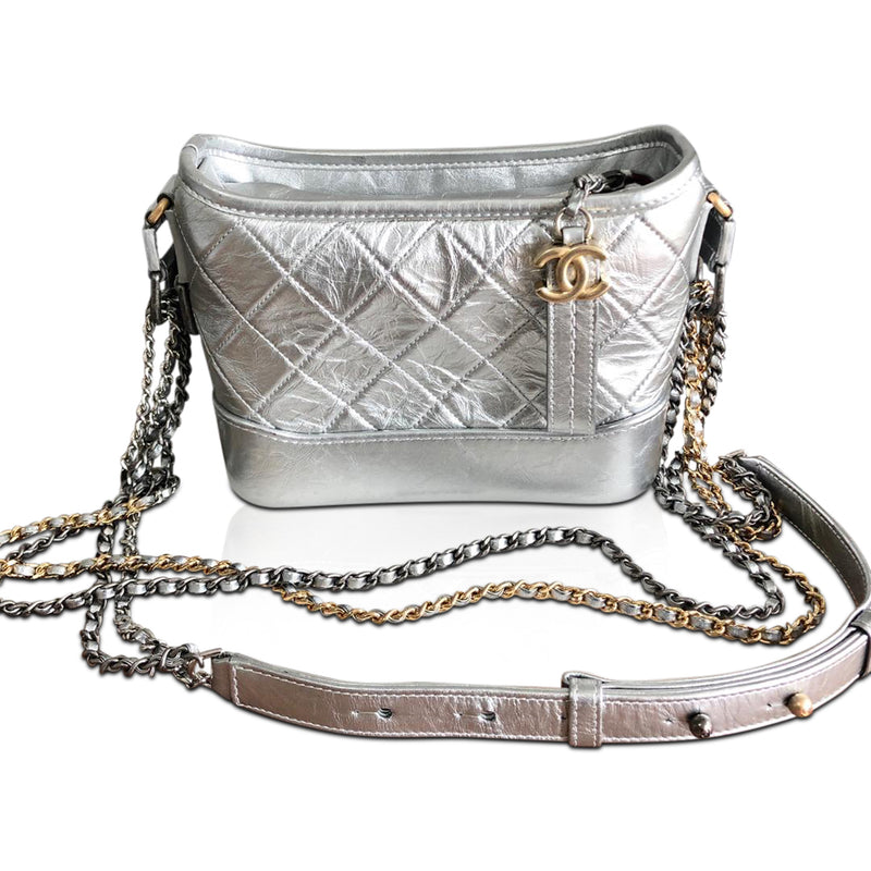 Silver Metallic Quilted Aged Calfskin Small Gabrielle Hobo Bag