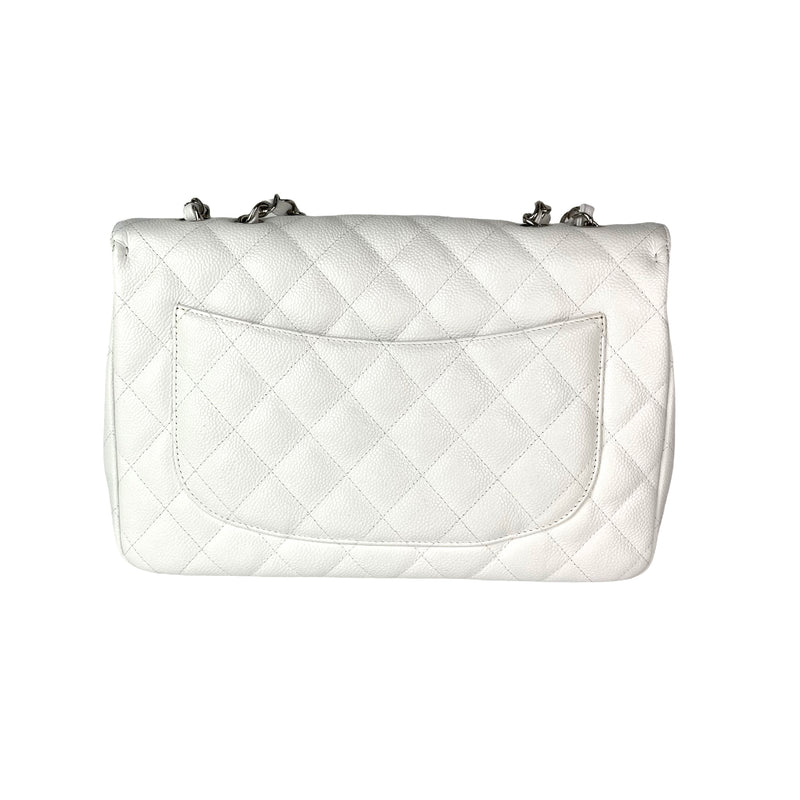 Classic Single Flap Jumbo Bag in White Caviar with SHW