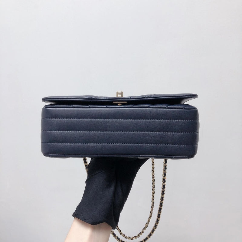 Calfskin Chevron Quilted Mini Statement Flap Navy Blue