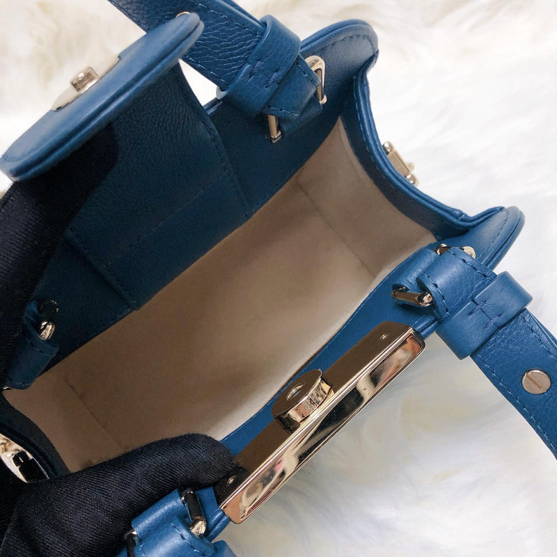 Grained Calfskin Stitched Mini Label Click Shopper Tote in Blue