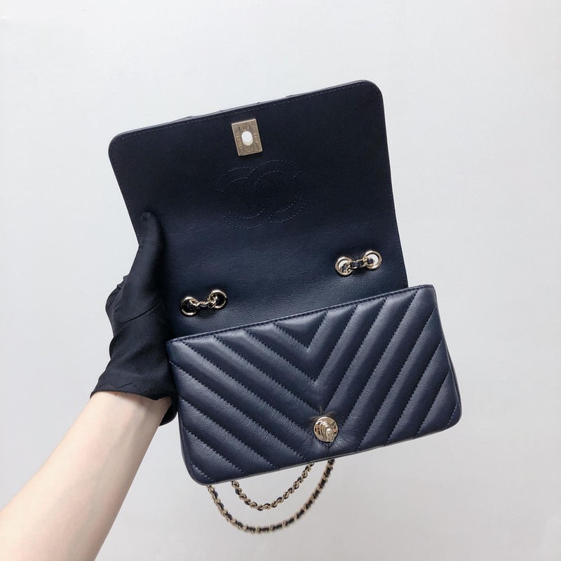 Calfskin Chevron Quilted Mini Statement Flap Navy Blue