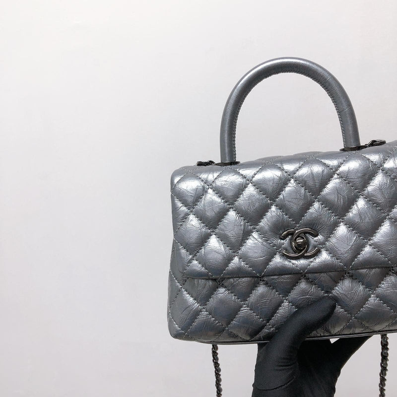Quilted Mini Coco Handle Flap Silver
