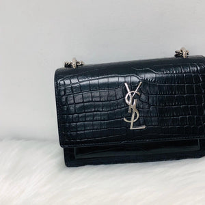 Mini Sunset Bag in Black Crocodile Embossed Leather