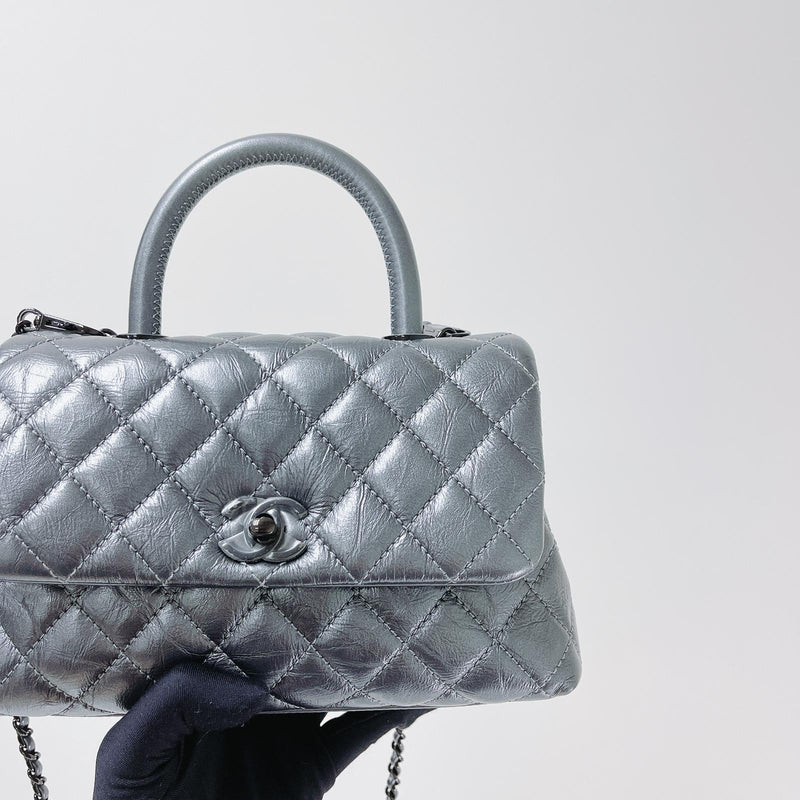 Quilted Mini Coco Handle Flap Silver RHW