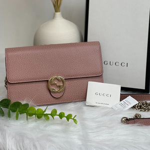 Interlocking G Wallet on Chain Leather Pink GHW