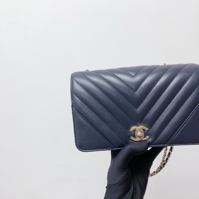 Calfskin Chevron Quilted Mini Statement Flap Navy Blue