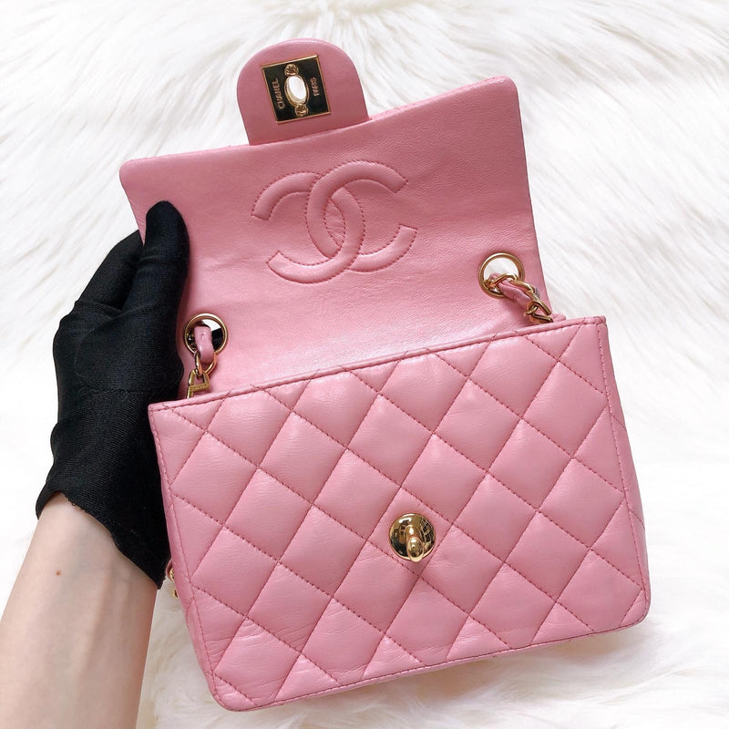 Vintage Mini Square Flap Bag in Pink Quilted Lambskin Leather GHW