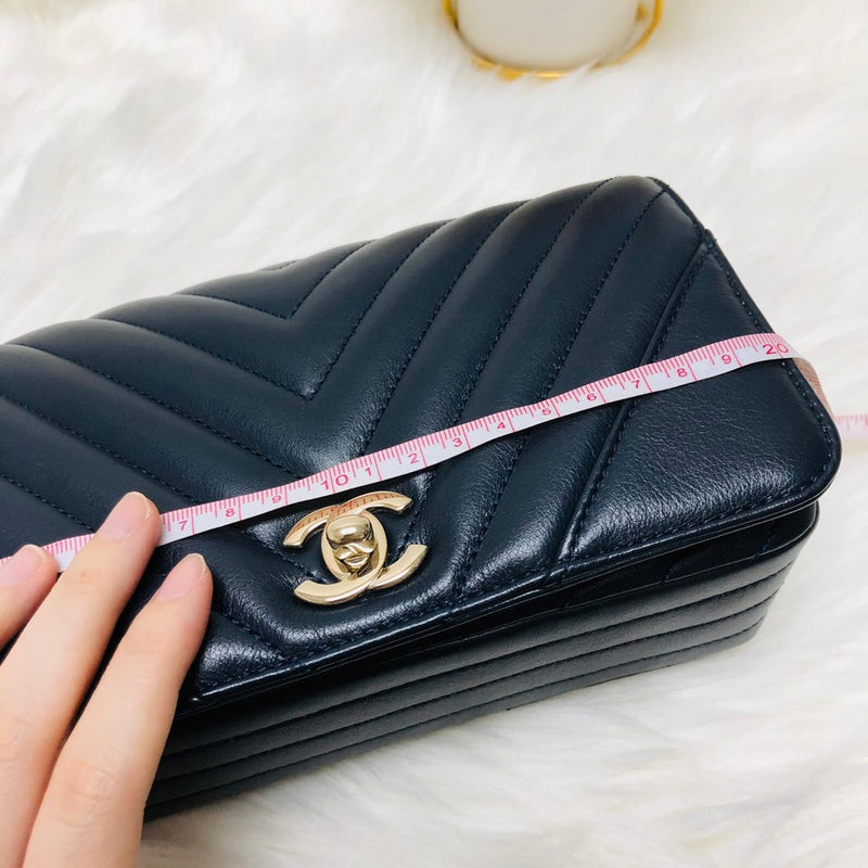 Calfskin Chevron Quilted Mini Statement Flap Navy Blue