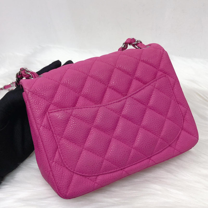 Square Mini Flap Bag Quilted Caviar Leather with SHW Hot Pink