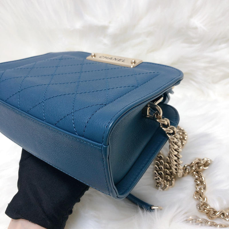 Grained Calfskin Stitched Mini Label Click Shopper Tote in Blue