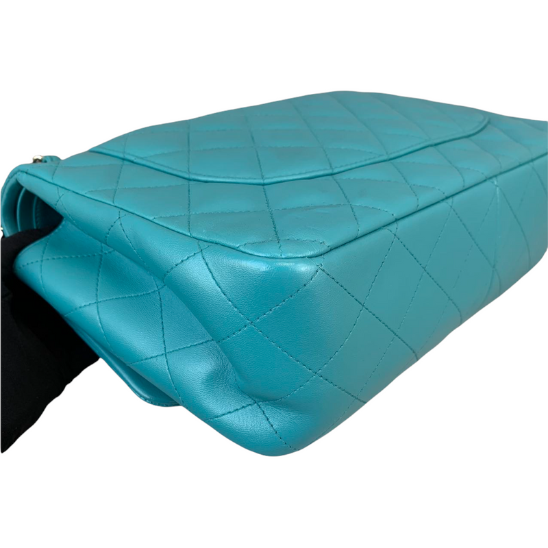 Double Flap Lambskin Jumbo Turquoise Blue SHW