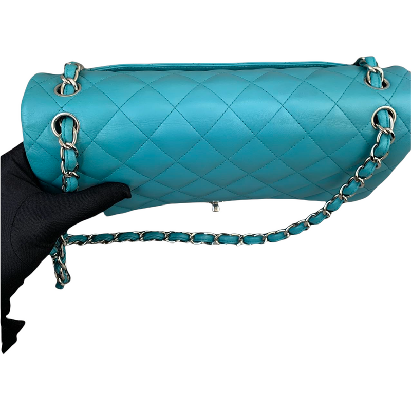 Double Flap Lambskin Jumbo Turquoise Blue SHW