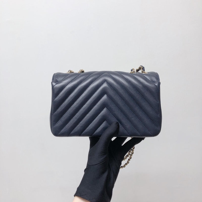Calfskin Chevron Quilted Mini Statement Flap Navy Blue