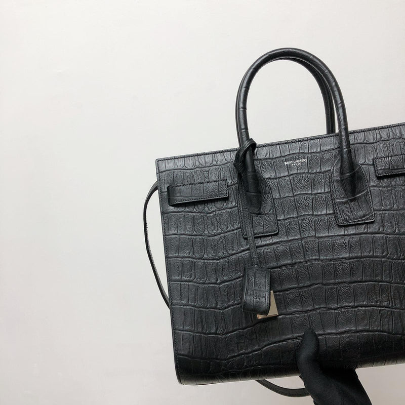 Yves Saint Laurent Sac de Jour Crocodile-Embossed Satchel Bag Grey