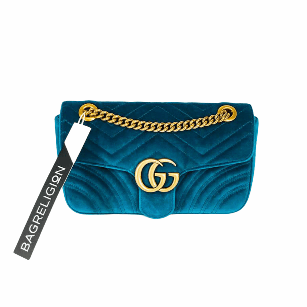 Marmont Matelasse Shoulder Bag Small in Peacock Blue Velvet