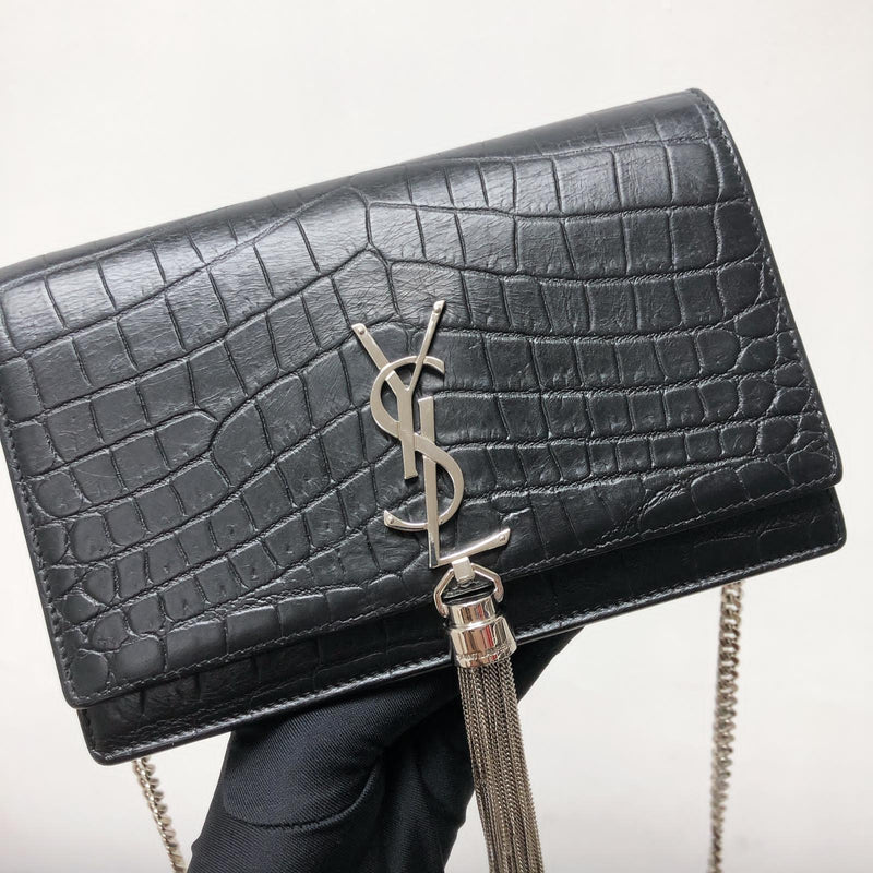 Classic Monogram Kate Tassel WOC in Black Crocodile Embossed Leather