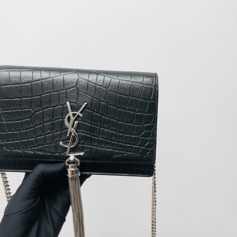 Classic Monogram Kate Tassel WOC in Black Crocodile Embossed Leather