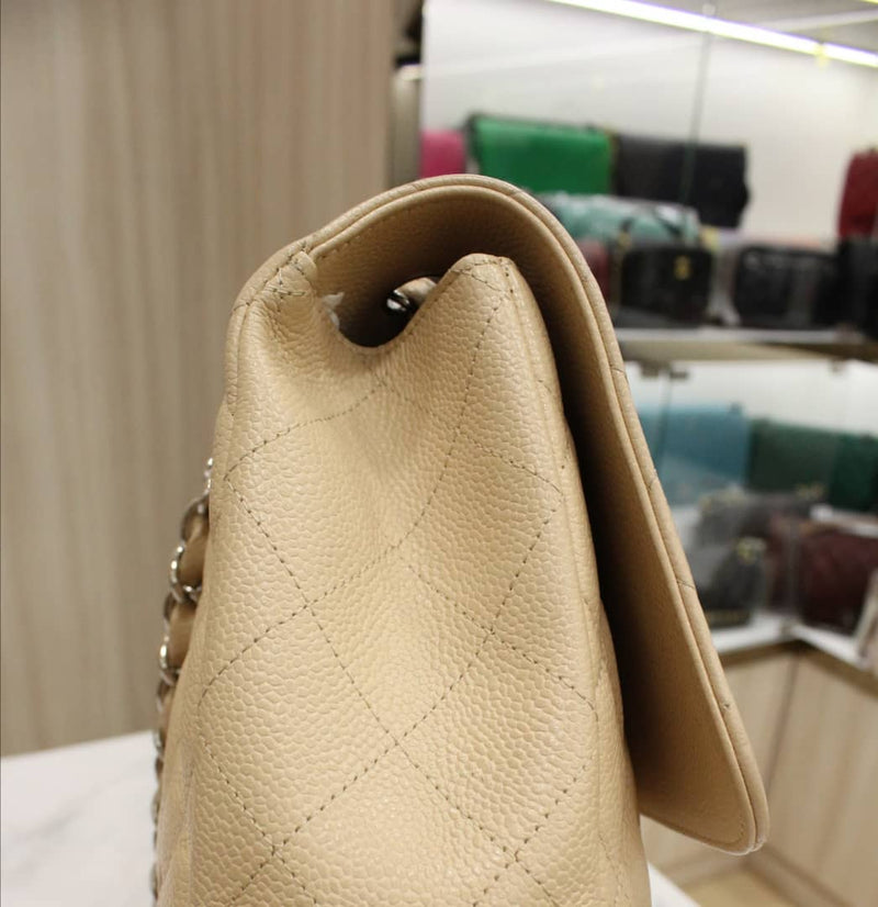 New Single Flap Caviar Jumbo in Light Beige Silver Hardware