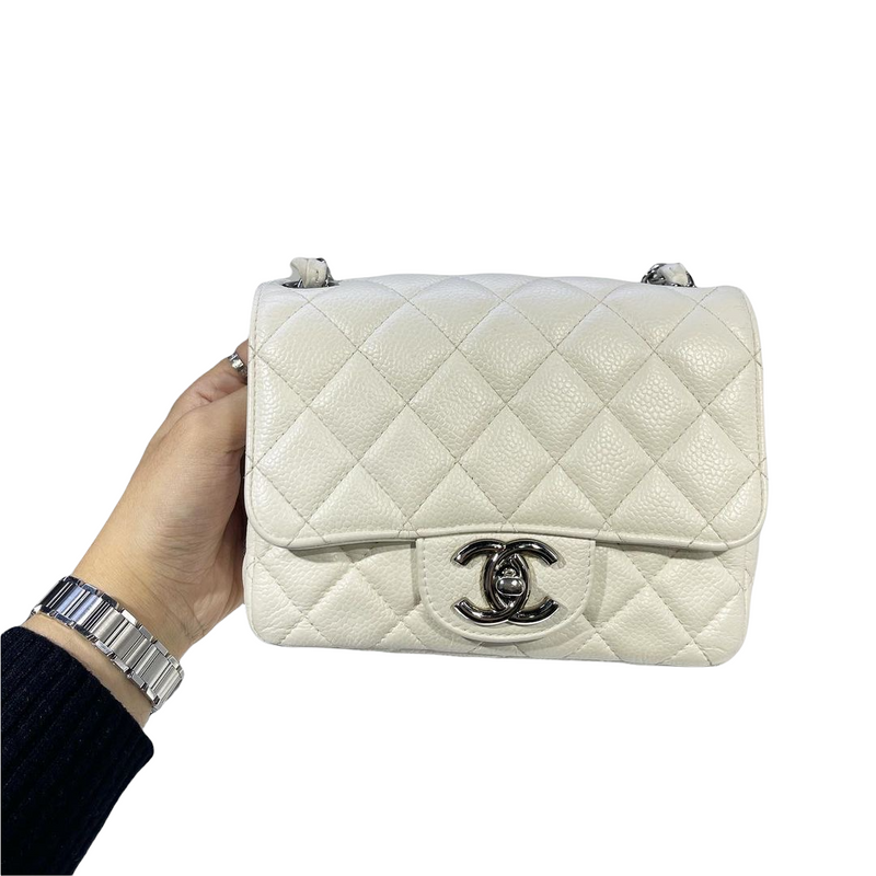Square Mini Flap Caviar White SHW