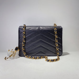 Vintage Jumbo Chevron Quilted Leather Flap Bag Dark Blue GHW