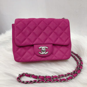 Square Mini Flap Bag Quilted Caviar Leather with SHW Hot Pink