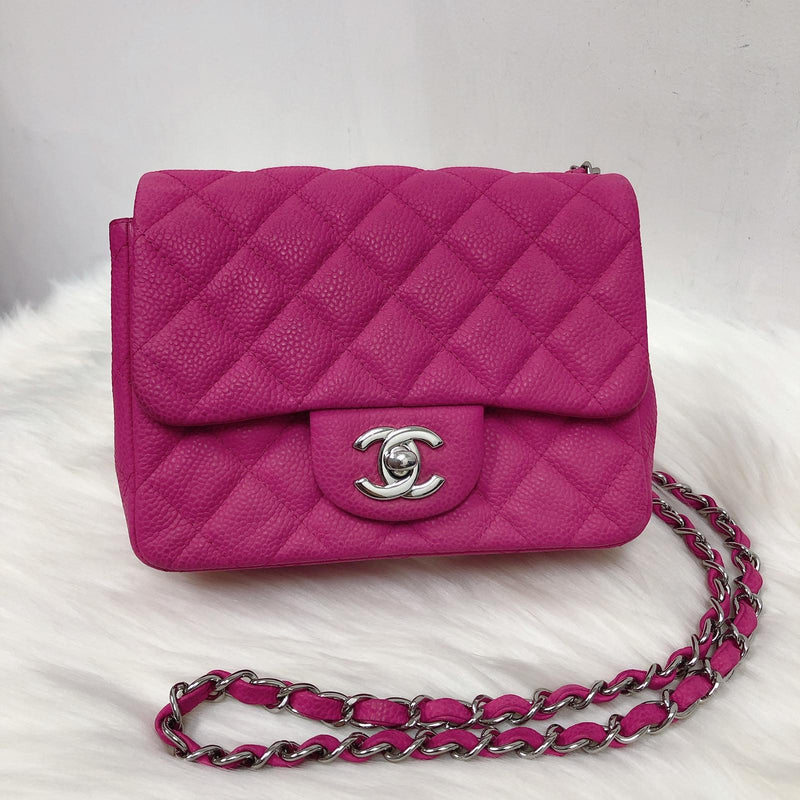 Chanel Square Classic Single Flap Bag Quilted Caviar Mini Pink 1044831