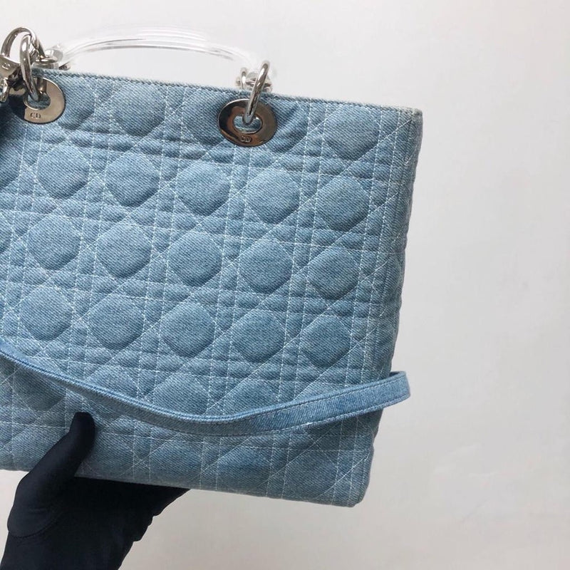 Lady Dior Large Vintage Denim Quilted Cannage tote with strap and acrylic handle GHW