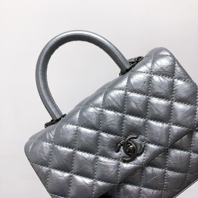 Quilted Mini Coco Handle Flap Silver