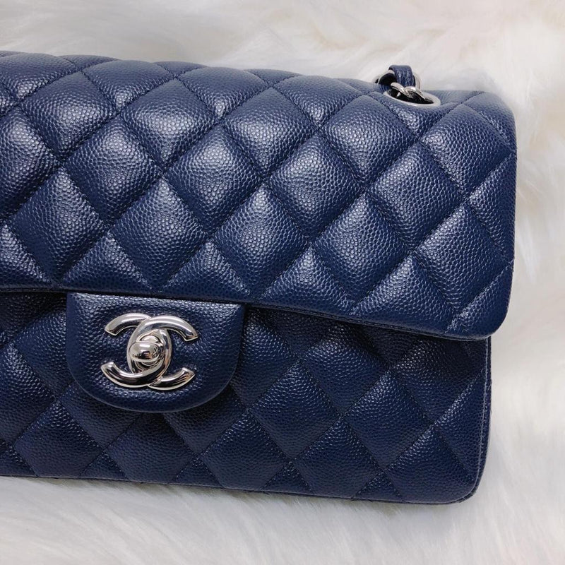 Small Double Flap Bag in Navy Blue Caviar with SHW | Bag Religion