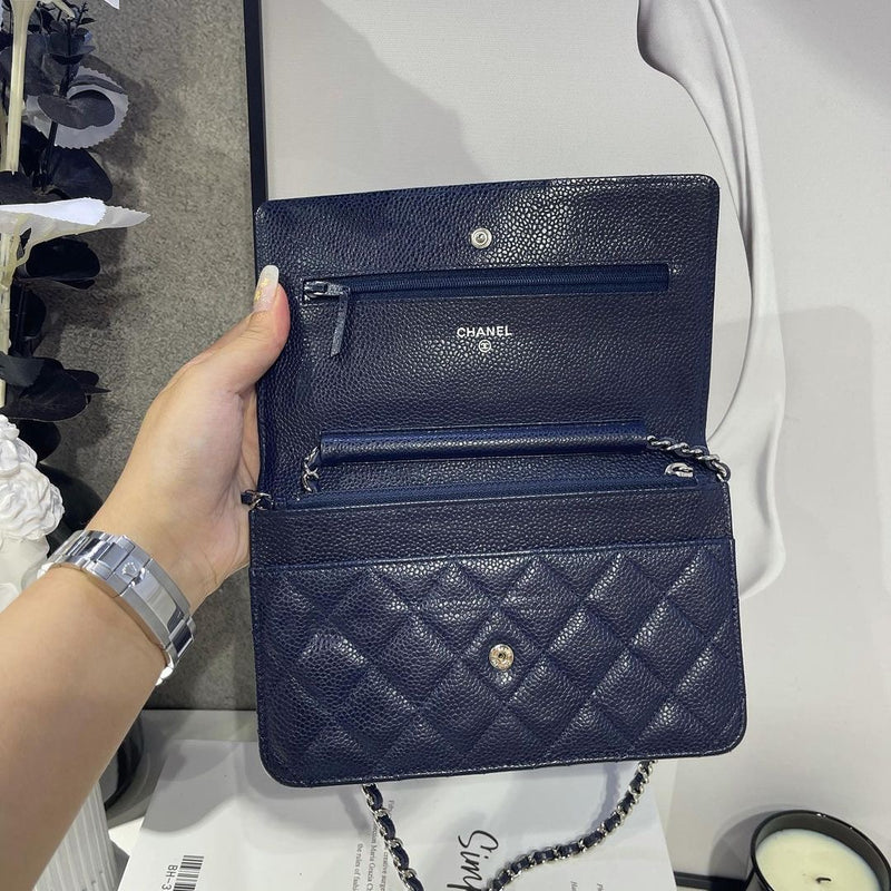 Chanel Woc Quilted Caviar Leather Crossbody Wallet Navy Blue