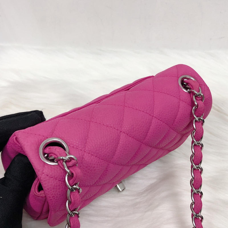 Square Mini Flap Bag Quilted Caviar Leather with SHW Hot Pink